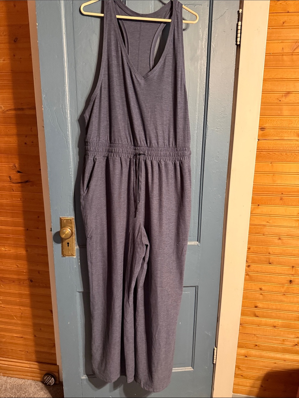Sleeveless V-Neck Jersey Jumpsuit in Heathered Blue/slate